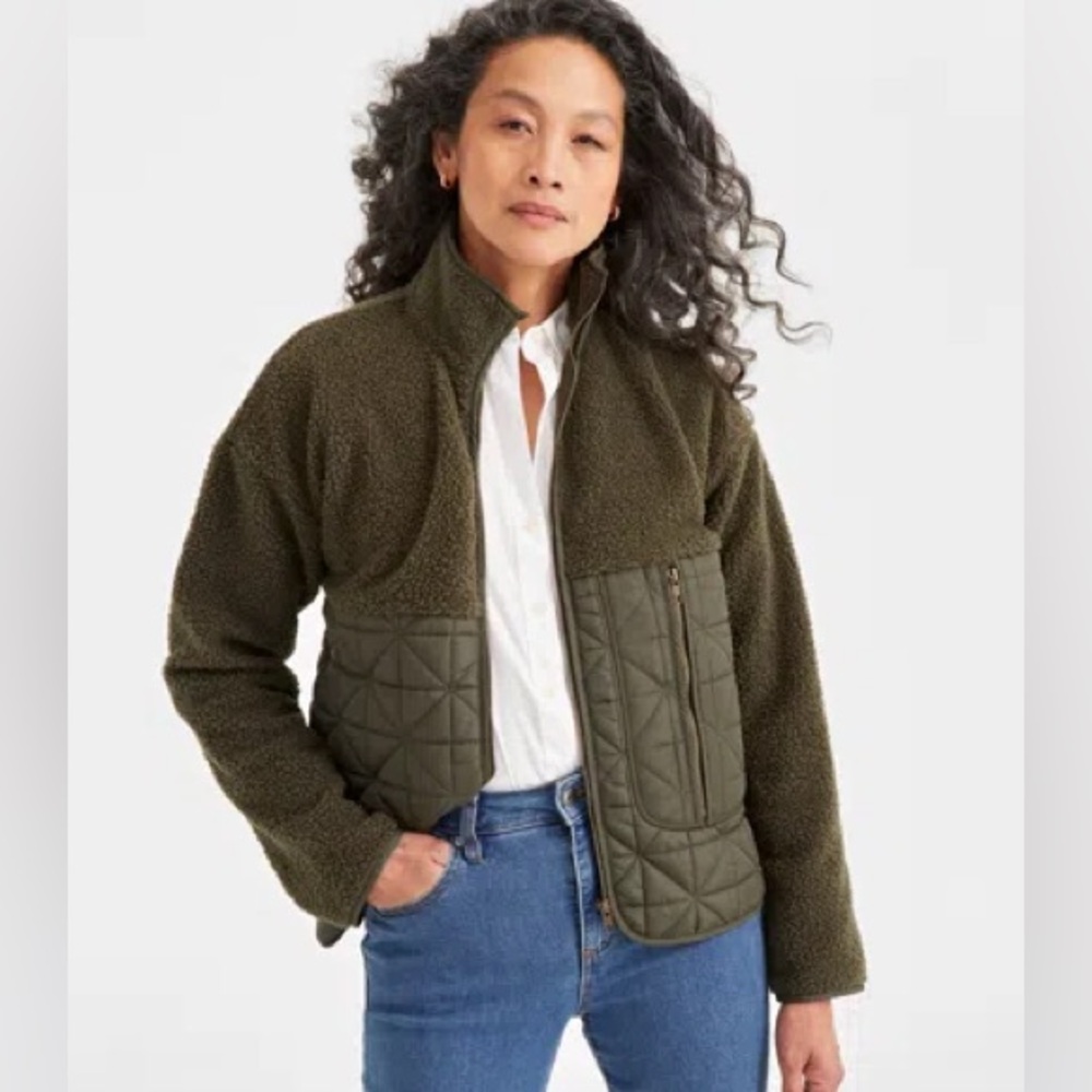 Style & Co Mixed Media Sherpa Jacket Green Size Large